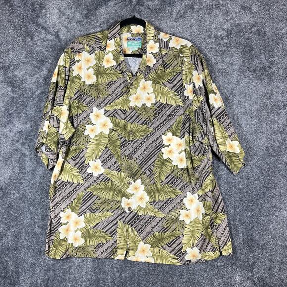 Reyn Spooner Shirt Mens XL Brown Green Hawaiian Floral Rayon Button Up Aloha - Picture 1 of 6
